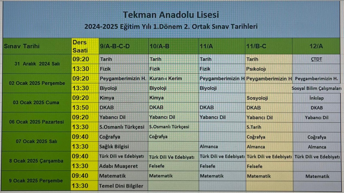 TEKMAN ANADOLU LİSESİ 1.DÖNEM 2. ORTAK YAZILI TAKVİMİ